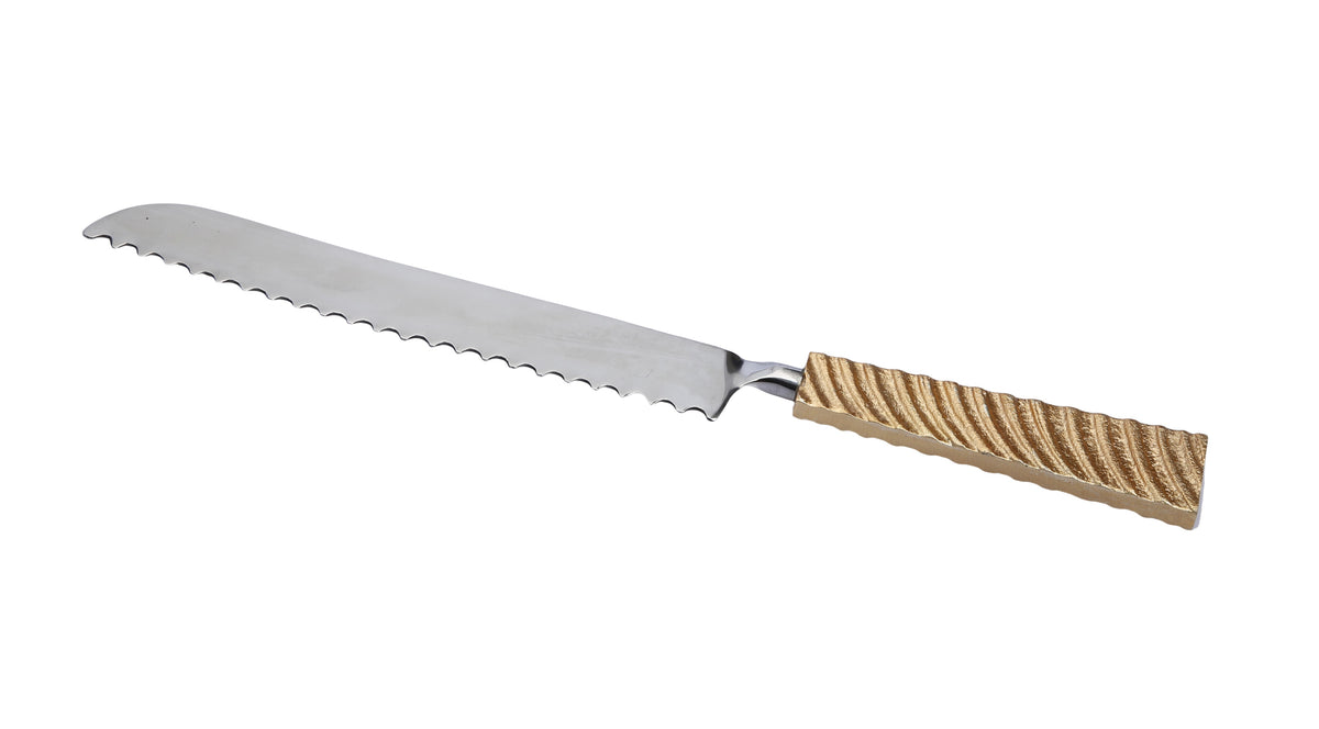 Classic Touch Serrated Stainless Steel Challah Knife with Gold Wavy Handle