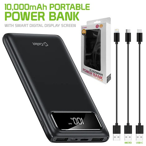 Cellet 10,000mAh Portable Power Bank with Smart Digital Display Screen, Black