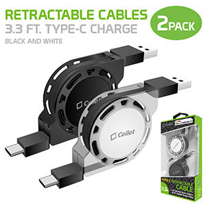Cellet 3.3 ft. Type C Charge and Sync Retractable Cables 2 Pack, Black and White
