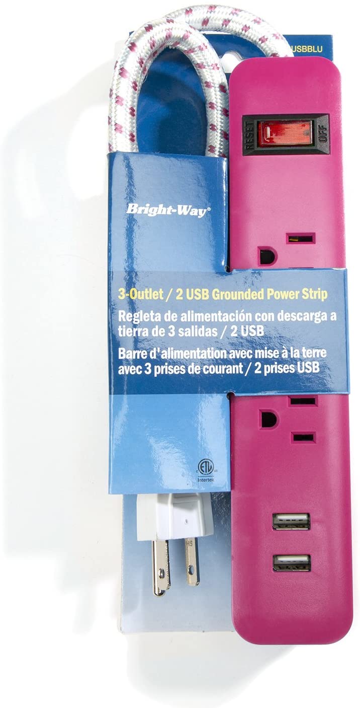 Bright-Way 3 Outlet, 2 USB Strip - Pink