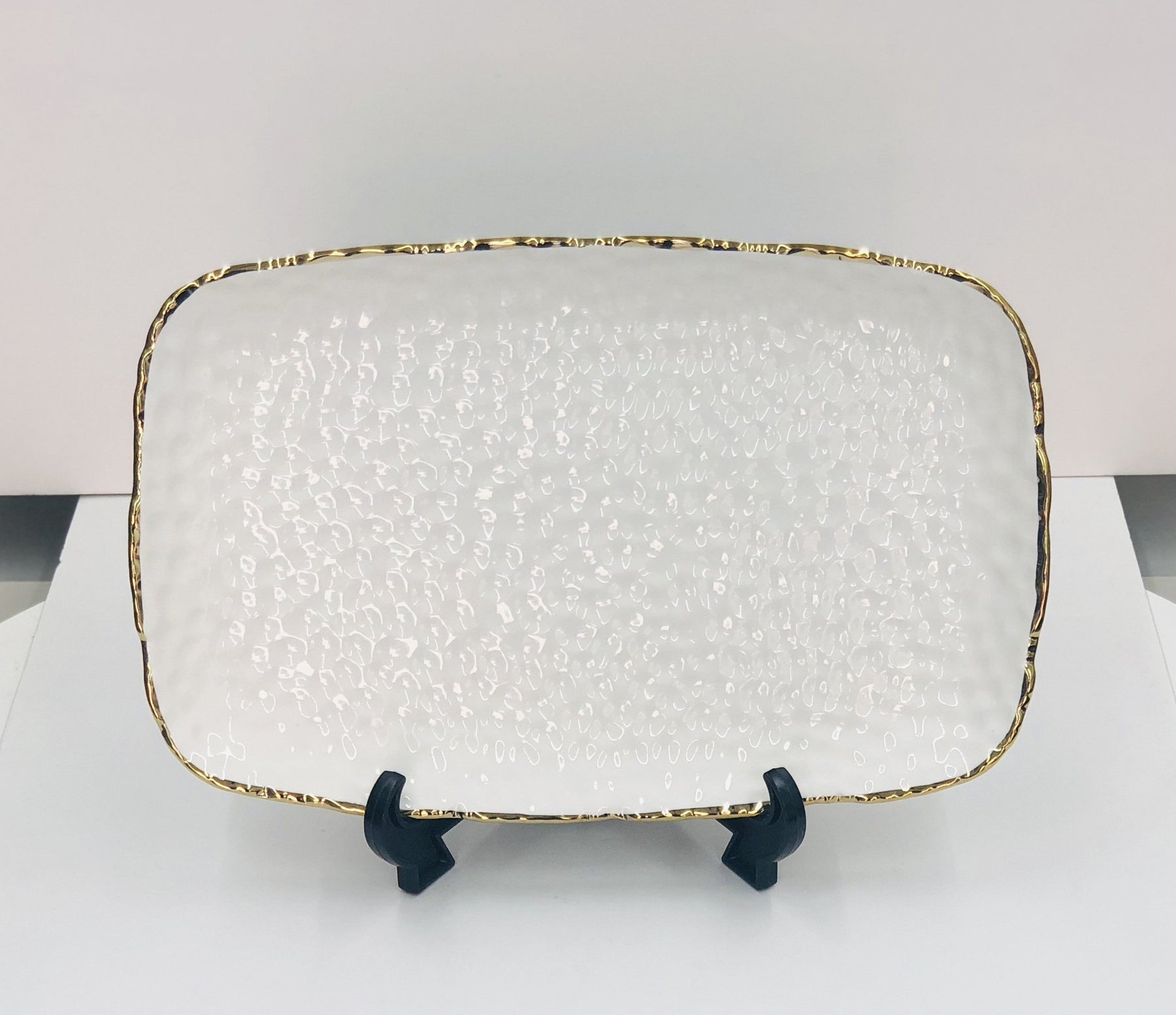 Joseph Sedgh  Ceramic Serving Platter, Pebbled White with Gold Rim