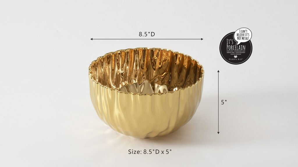 Pampa Bay Medium Bowl Porcelain Snack Salad Bowl, Microwave Safe, Dishwasher Safe, Gold