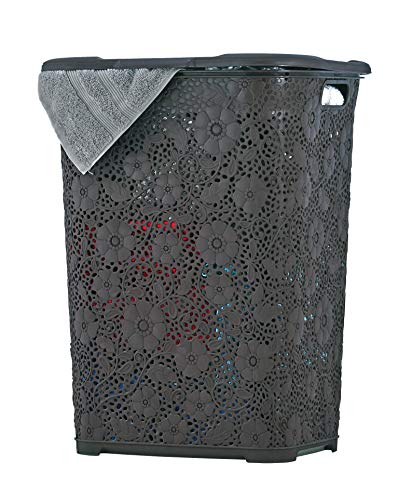 Laundry Hamper With Lid Lace Design 50 Liter - Brown - Dirty Clothes Storage. By Superio