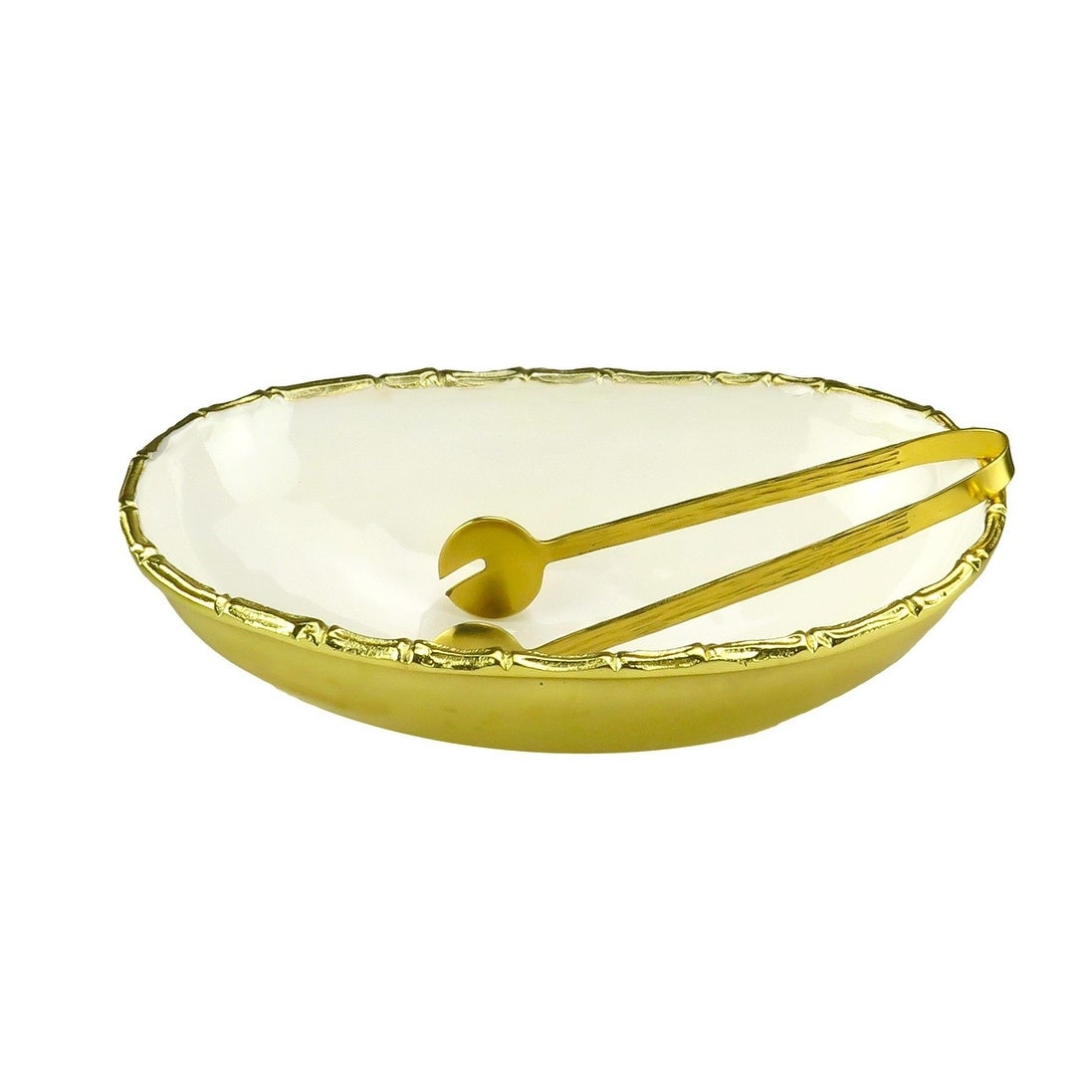 Classic Touch Oval White Enamel Salad Bowl With Gold Edge and Gold Tongs