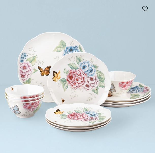 Lenox Butterfly Meadow Hydrangea Porcelain 12 Piece Dinnerware Set, Service for 4