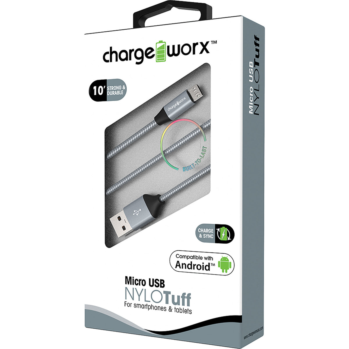 Chargeworx "NYLO" Tuff 10ft Micro USB Sync & Charge Cable, Silver