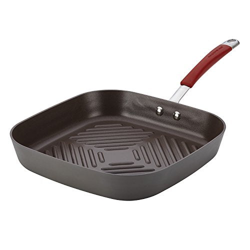 Rachael Ray Cucina Hard Anodized Nonstick Grill/Deep Square Griddle Pan, Gray with Red Handle