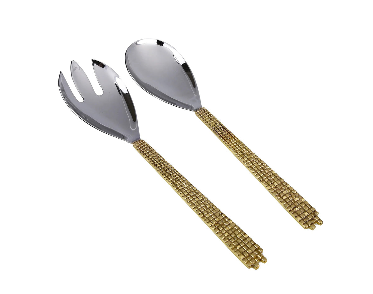 Classic Touch Set of 2 Gold & Silver Stainless Steel Salad Servers With Mosaic Design