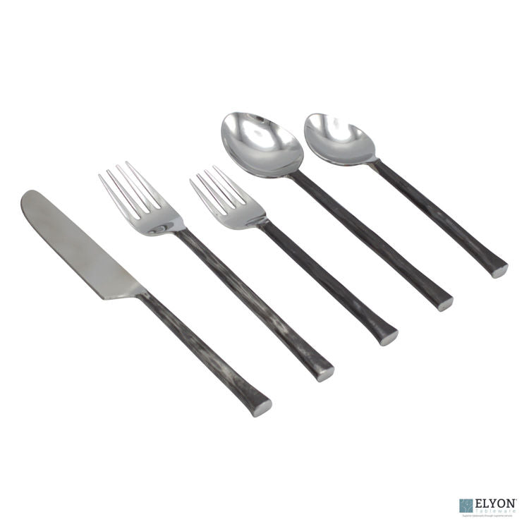 Elyon Lavista 20 Piece Reflective Stainless Steel Flatware Set with Black Rustic Handles, Service for 4