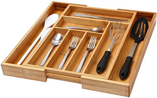 YBM Home Bamboo Expandable 6 Compartment  Flatware, Cutlery Drawer Organizer Tray