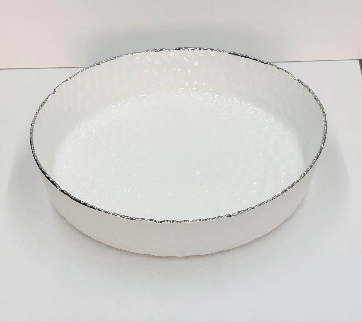 Joseph Sedgh Ceramic Serving Bowl, Pebbled White with Silver Rim