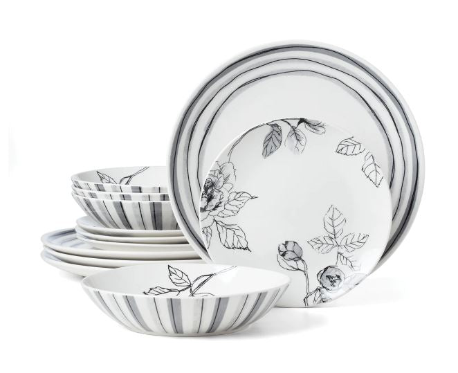 Oneida Sketchbook 12 Piece Porcelain Dinnerware Set, Service for 4