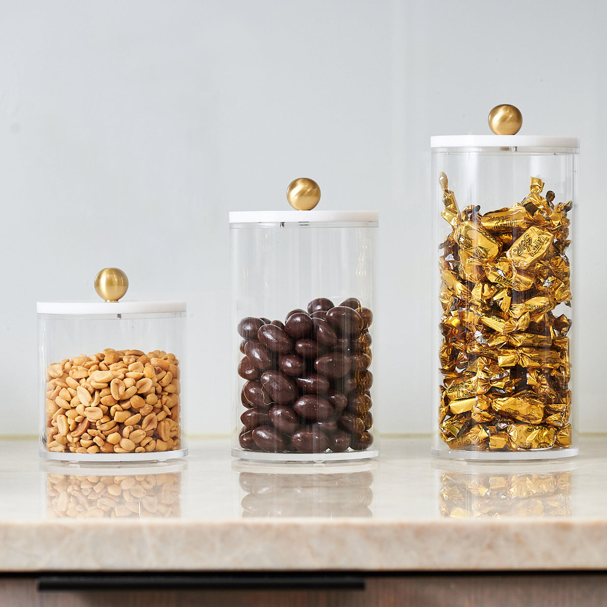 Waterdale Lucite Canister, White and Gold Knob Lid, Magnetic Closure - Assorted Sizes