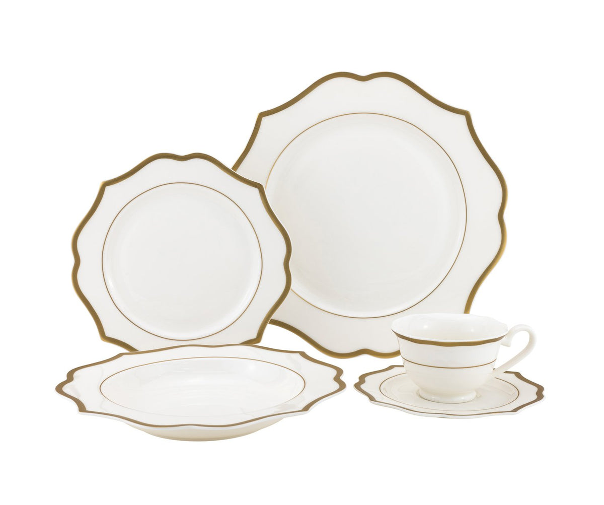 Joseph Sedgh Goldie-20 Service for 4 Bone China with Gold Rim, Includes 11" Dinner Plate, 8" Salad Plate, Soup Bowl, Teacup with Saucer