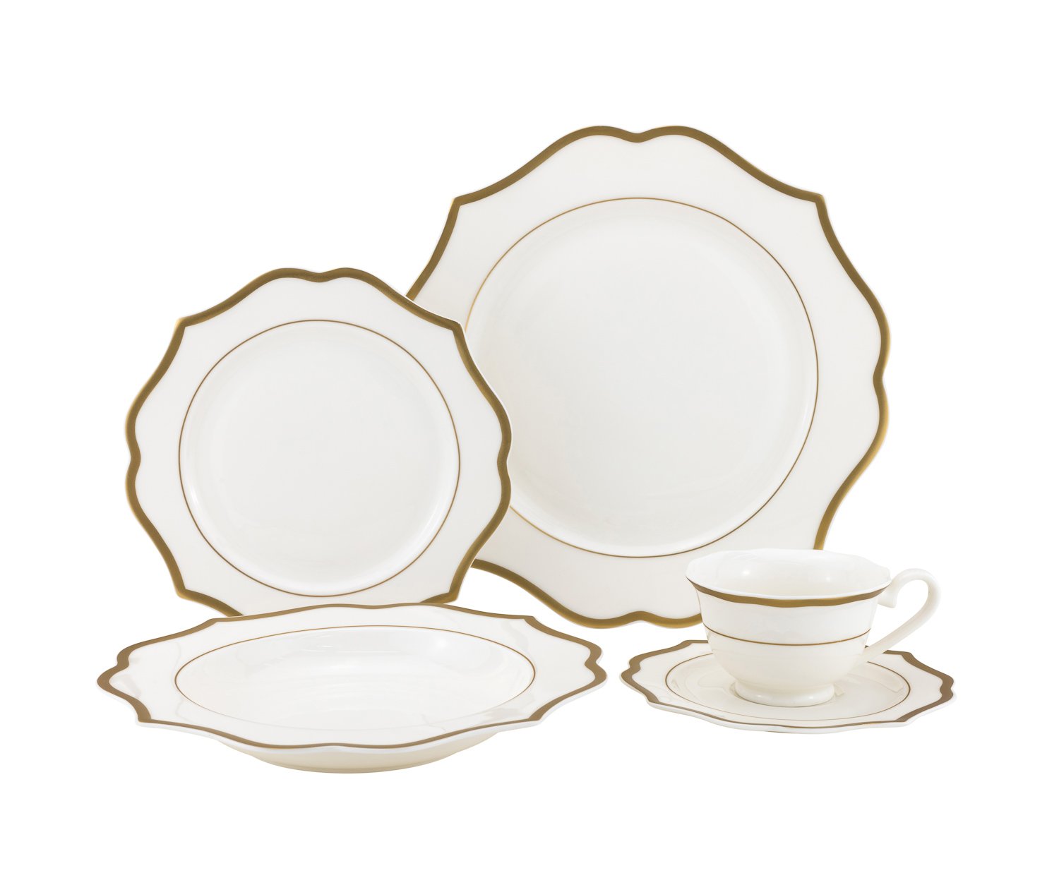 Joseph Sedgh Goldie-20 Service for 4 Bone China with Gold Rim, Includes 11" Dinner Plate, 8" Salad Plate, Soup Bowl, Teacup with Saucer