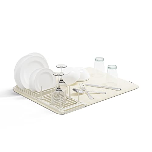 Umbra UDry Customizable Peg Dish Drying Rack with Absorbent Microfiber Mat, Easy Fold Storage, Linen