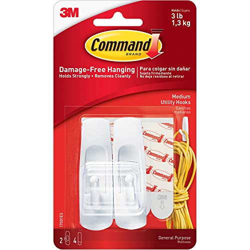 Command 17001ES Reusable Adhesive Hooks, Medium, Holds 3 lb., 2 Pack