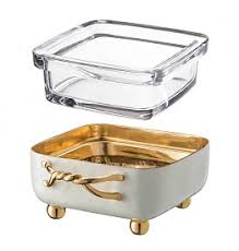 The Decorizer Square Hammered Dip Container Holder with Gold Entangled Handle, Ivory Enamel