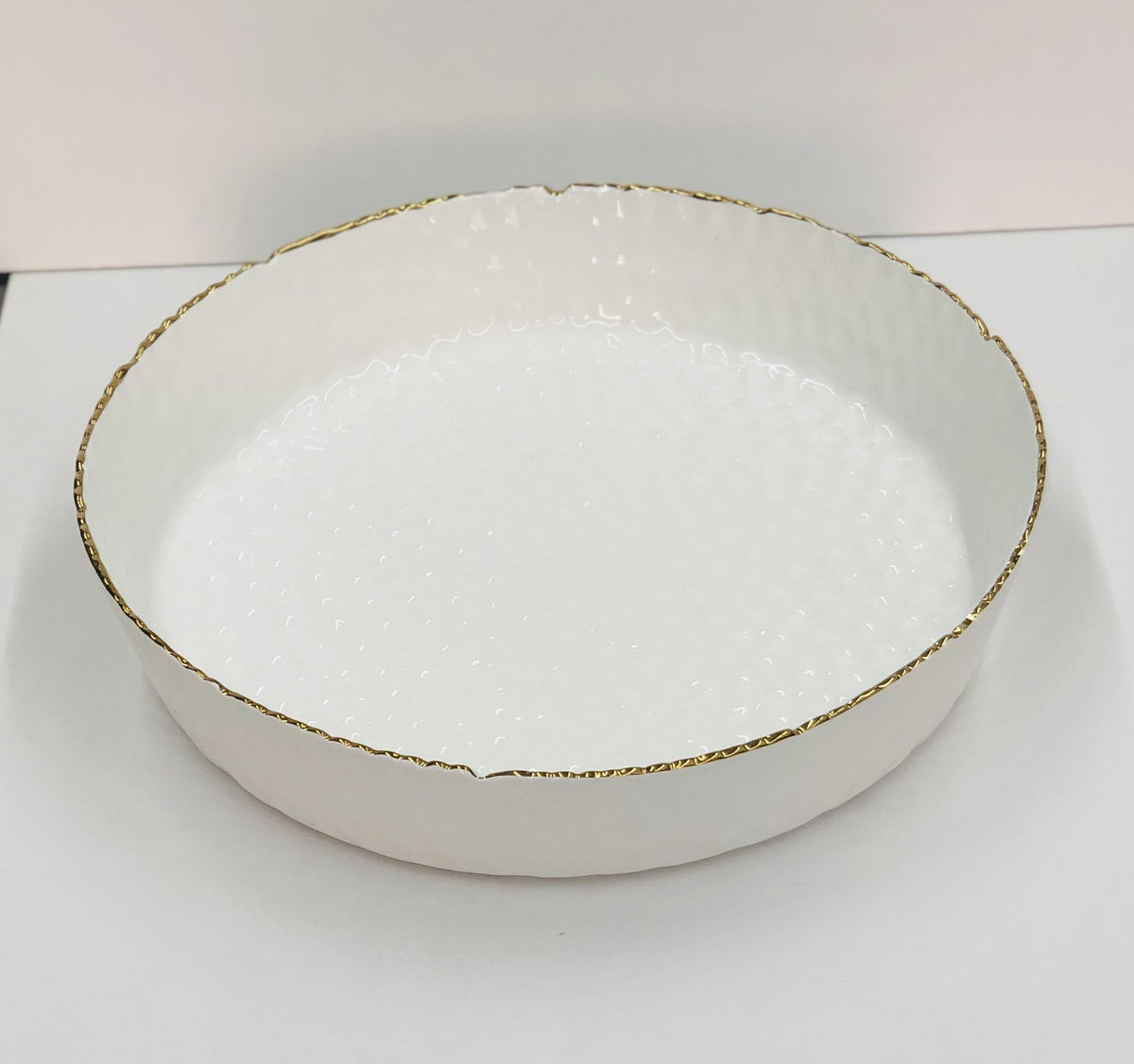 Joseph Sedgh Ceramic Serving Bowl, Pebbled White with Gold Rim