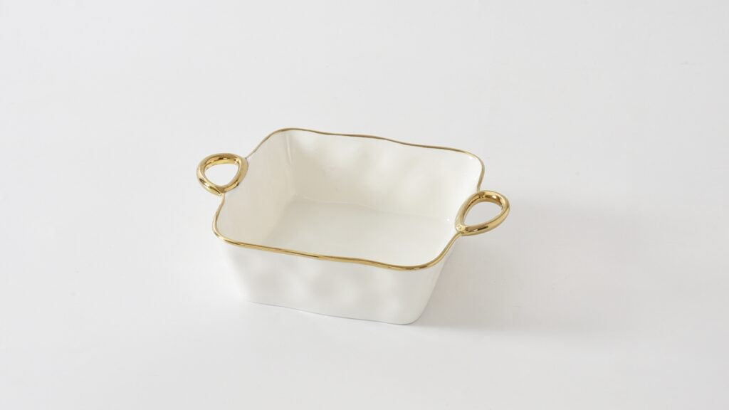 Pampa Bay Golden Handles Square Baking Dish, Dishwasher Safe, White With Gold Trim