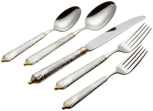Yamazaki Byzantine 5 Piece 18/8 Stainless Steel Single Place Setting Flatware Set, Gold Accent (Includes Dinner Knife, Dinner Fork, Salad/Dessert Fork, Soup/Cereal Spoon, Teaspoon)