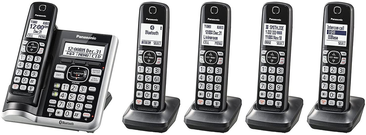 Panasonic KX-TG785SK Link2Cell Bluetooth Cordless Phone, Voice Assist and Answering Machine, 5 Handsets, Headphone Jack, Wall Mount, Belt clip 3,000 numbers