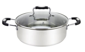 Millvado-Urban Stainless Steel Low Casserole Pot, Glass Lid, Black & Red Silicone Handles, Assorted Sizes