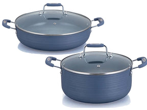 Imperial Ceramic Coated Nonstick (12", 14") Low Frying Pan, Saucepan & 10QT Stockpot with Glass Cover, Matte Blue