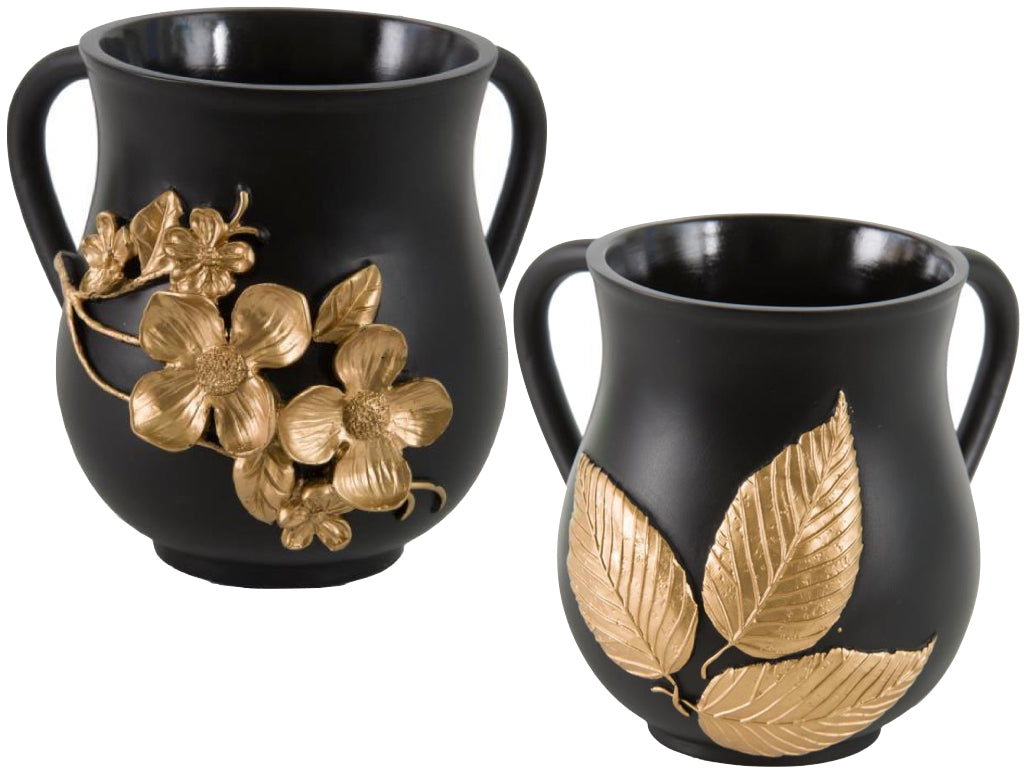 Art Judaica Polyresin Washing Cup, Black With Raised Gold Flowers