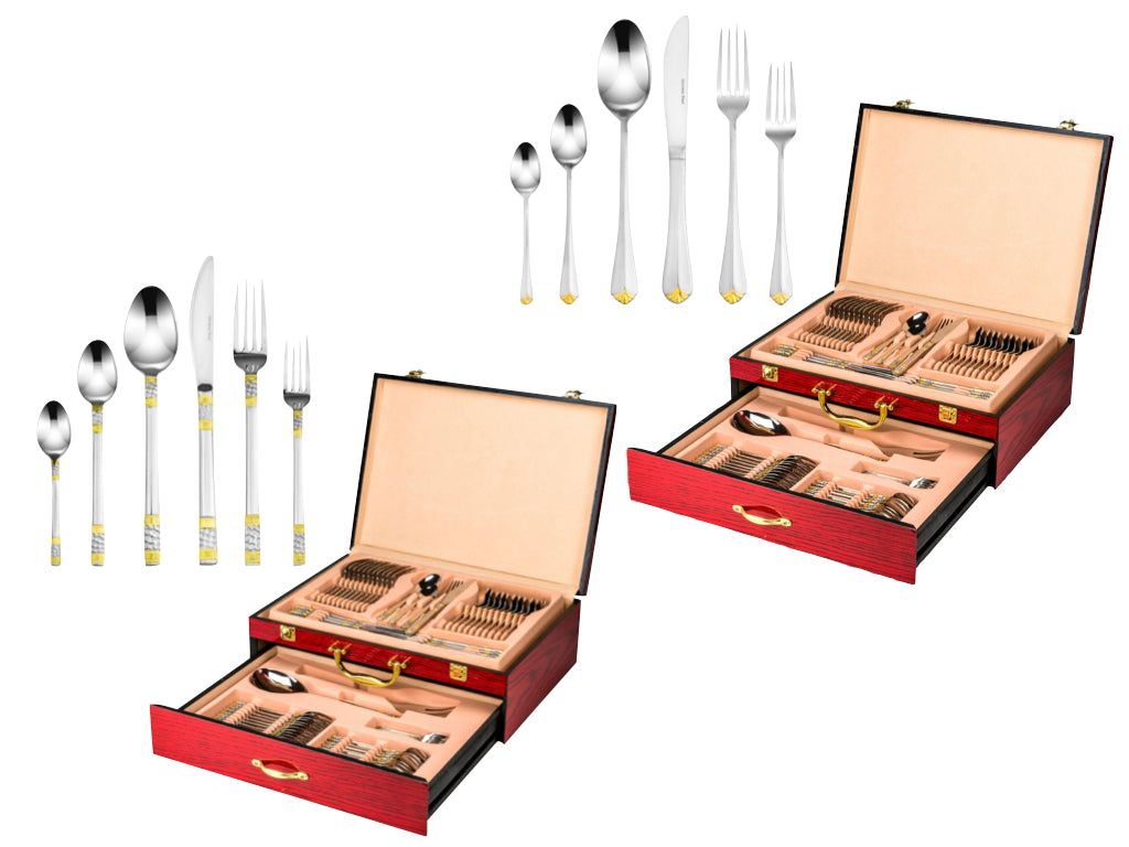 Joseph Sedgh 18/10 Flatware, Various Silver with Gold Designs in a Wooden Storage Chest