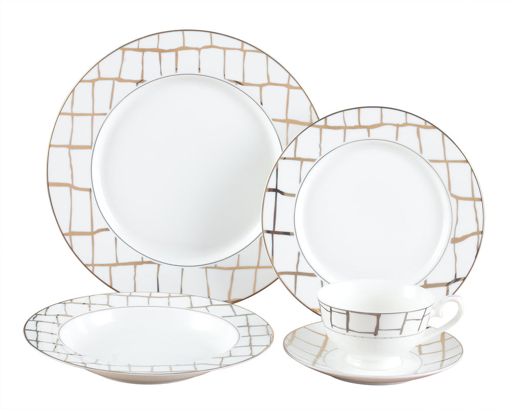 Joseph Sedgh Collection 6718G 20 Piece Fine Bone China Dinnerware Set, Luxe Gold - Service for 4 (Big Plate, Small Plate, Bowl, Teacup+Saucer)