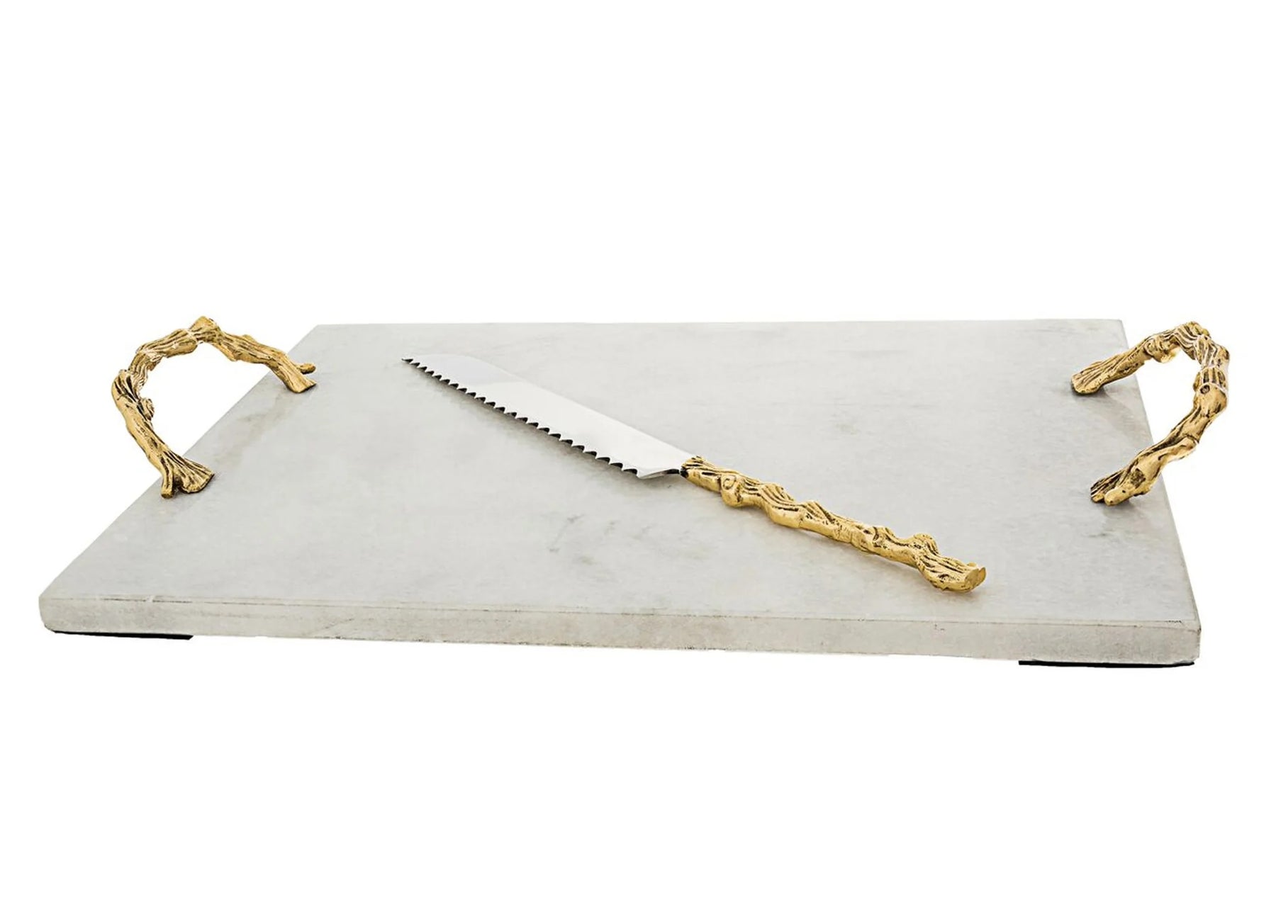 Classic Touch White Marble Challah Board Tray With Gold Wooden Design Handles