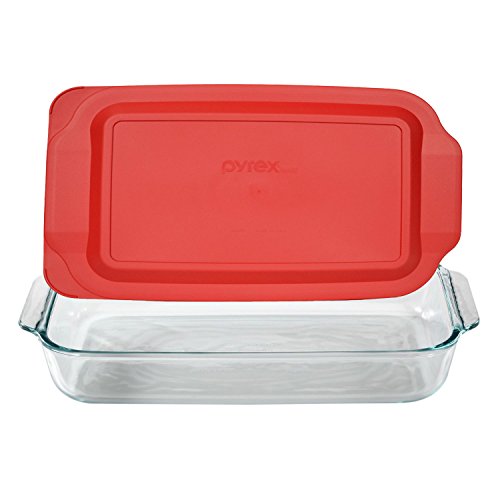Pyrex Basics 3 Quart Glass Oblong Baking Dish with Red Plastic Lid