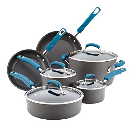 Rachael Ray Brights Hard-Anodized Aluminum 10-Piece Pot and Pan Nonstick Cookware Set with Glass Lids - Gray / Blue