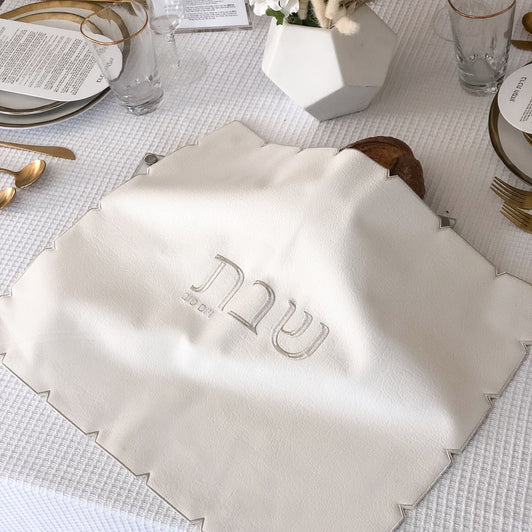 Caesarea White with Silver Embroidered Leatherette Challah Cover