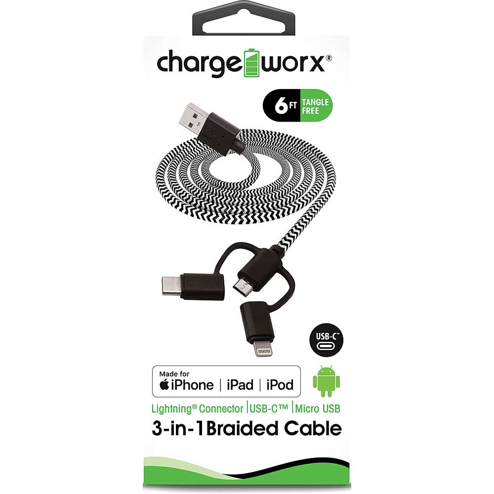 Chargeworx 6ft 3-in-1 Braided Sync & Charge Cable, Black