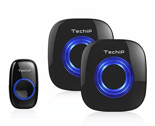 Techip Weatherproof Portable Wireless Doorbell Kit with 1 Remote Push Button & 1 Plugin Door Chime Operating at over 500-feet Range with 52 Chime Tones & 4-level Adjustable Volume - Black