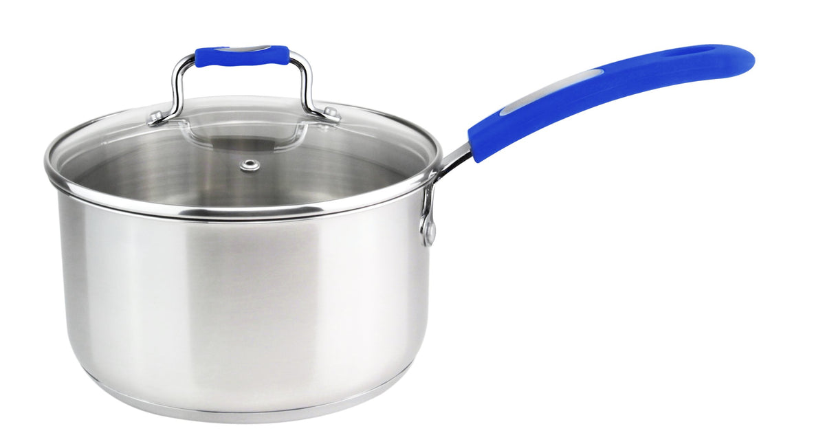 Millvado-Urban Stainless Steel Pots With Glass Lid, Blue Silicone Handles - Assorted Sizes