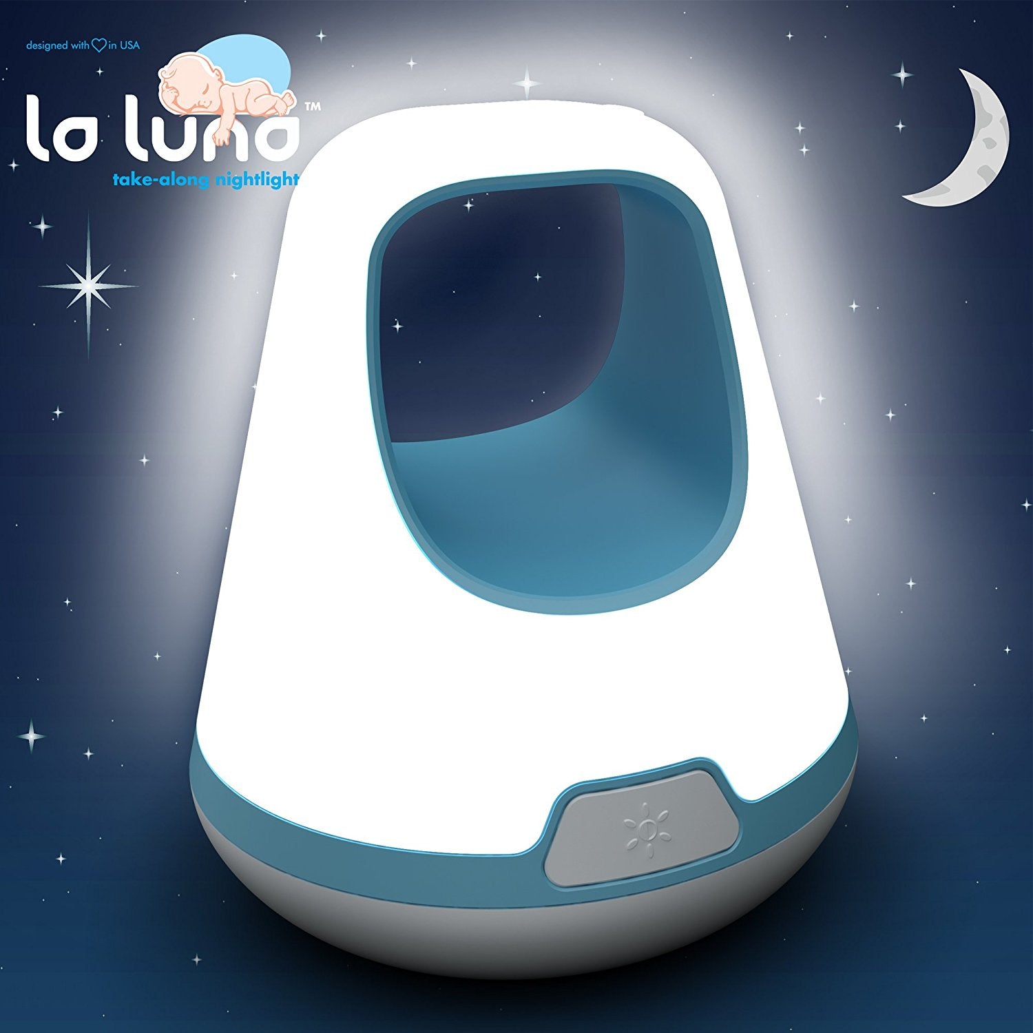 La Luna Take Along Portable LED Toddler Night Light, Blue – Three Brightness Settings; Automatic Gradual Fading Shut-off after 30 Minutes – Long Lasting Rechargeable Battery