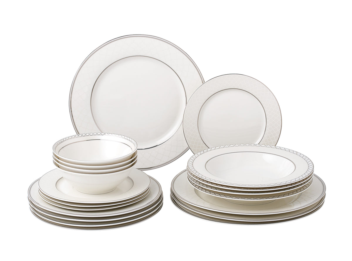 Lorren Home 20 Piece Bone China Dinnerware Set, Silver Moroccan Trellis, Service for 4