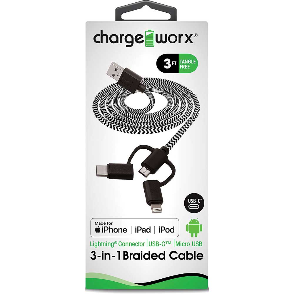 Chargeworx 3ft 3-in-1 Braided Sync & Charge Cable, Black