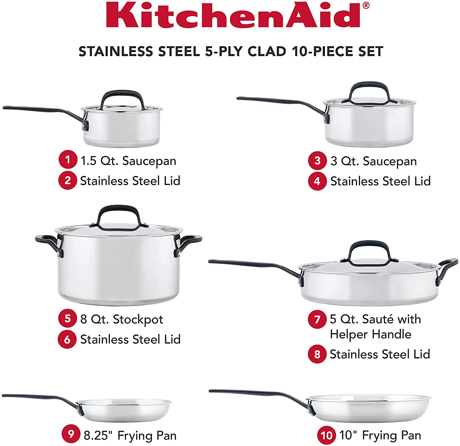KitchenAid 5-Ply Clad Polished 10 Piece Stainless Steel Cookware Pots and Pans Set