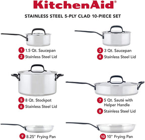 KitchenAid 5-Ply Clad Polished 10 Piece Stainless Steel Cookware Pots and Pans Set