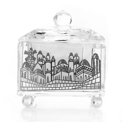 A&M Judaica Schonfeld Collection Crystal Honey Dish with Silver Jerusalem