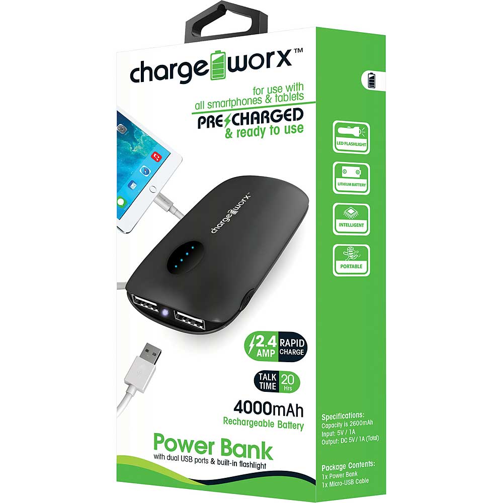 Chargeworx 4000mAh Premium Power Bank, Black