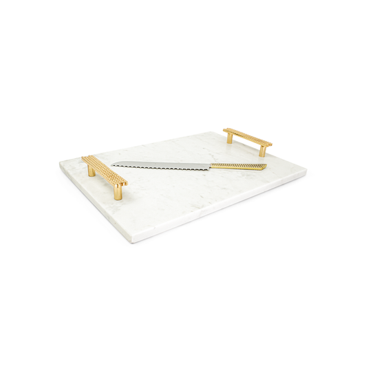 BT Shalom Marble Challah Board Beaded Gold Handles and Knife