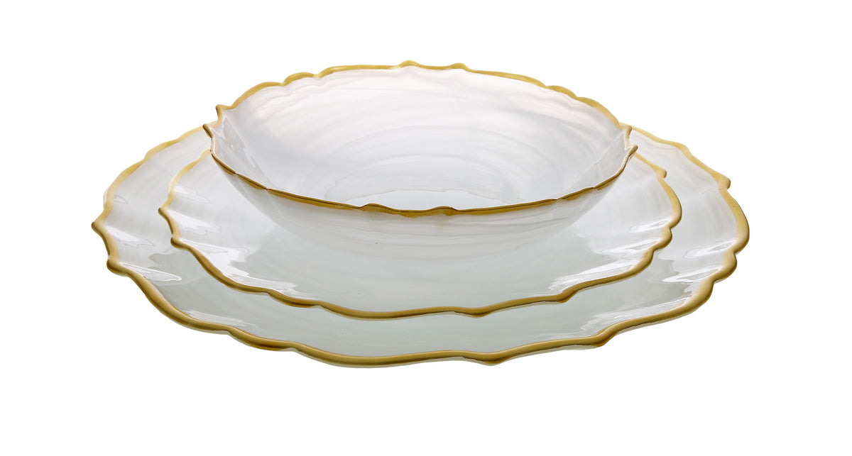 Classic Touch 12 pc. Alabaster White Dinnerware Set - Includes 4 Chargers -13"D each 4 Plates- 8"D 4 Small Bowls-6"D each