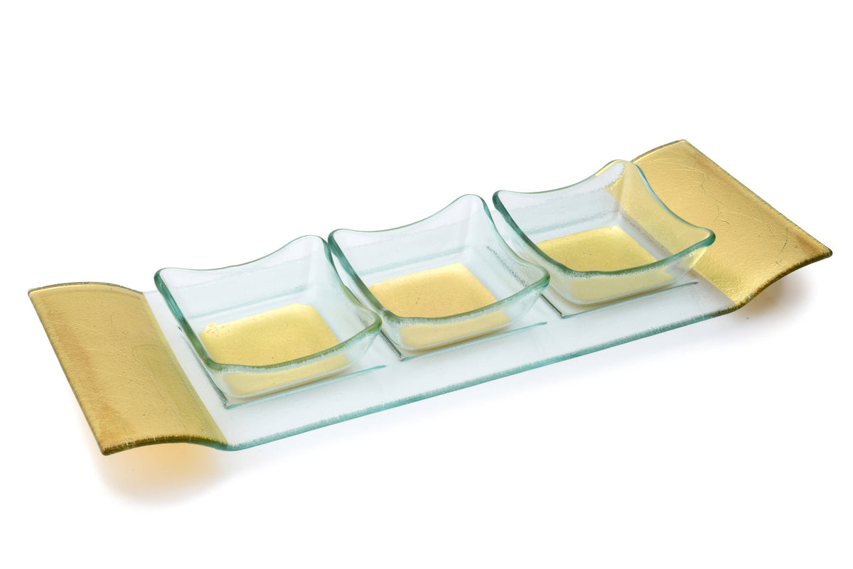 Classic Touch 3 Glass Bowls and Tray - Gold