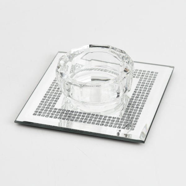 A&M Judaica Crystal Tealight Candle Holder With Silver Glitter Print 3.5", Also Great as a Salt Dish
