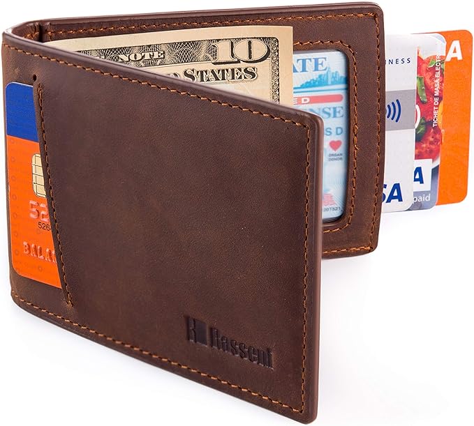 Rasseni Men's Slim Leather Wallet with Money Clip Bifold Minimalist RFID Blocking Card, Brown